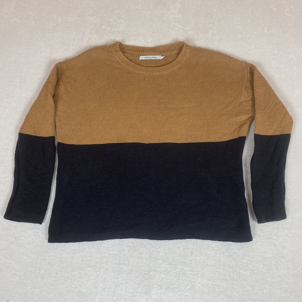 Stitches & Stripes Colorblock Sweater Camel Black Textured Knit Crewneck Medium
